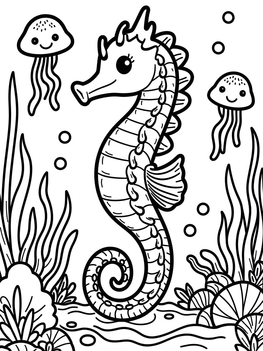 Coloriage hippocampe avec deux méduses kawaii et coraux à imprimer