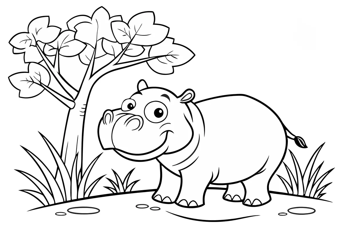 Coloriage hippopotame souriant arbre feuillu herbe a imprimer