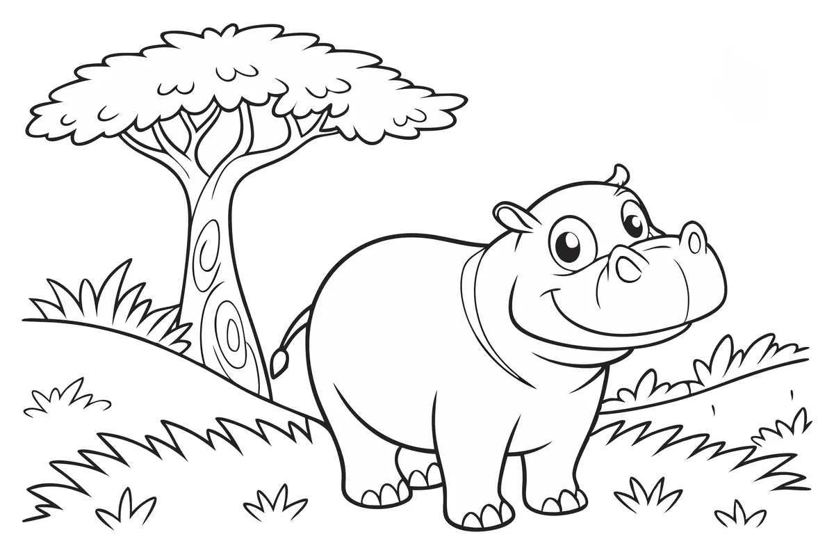 Coloriage hippopotame souriant arbre savane herbe a imprimer