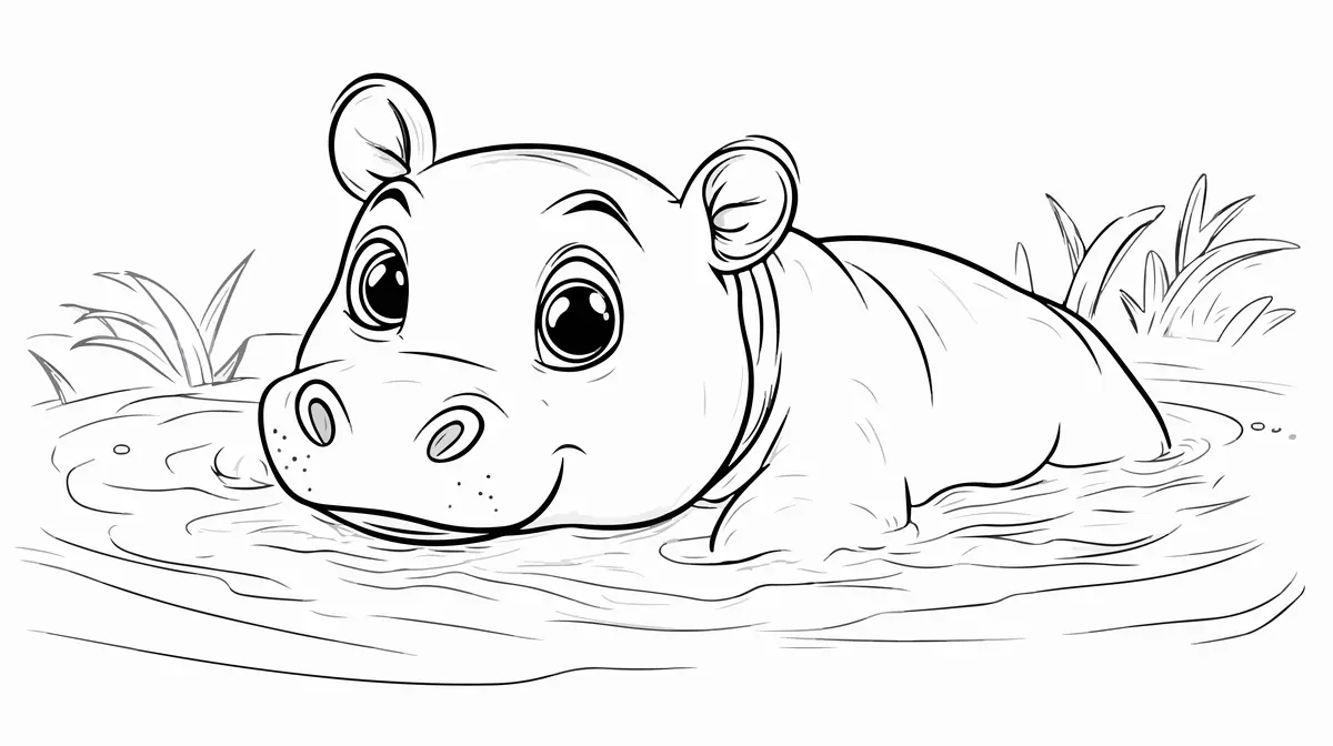 Coloriage bebe hippopotame yeux ronds dans l'eau a imprimer