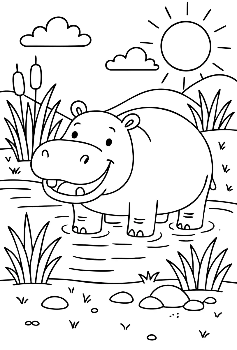 Coloriage bebe hippopotame riviere roseaux soleil nuages a imprimer