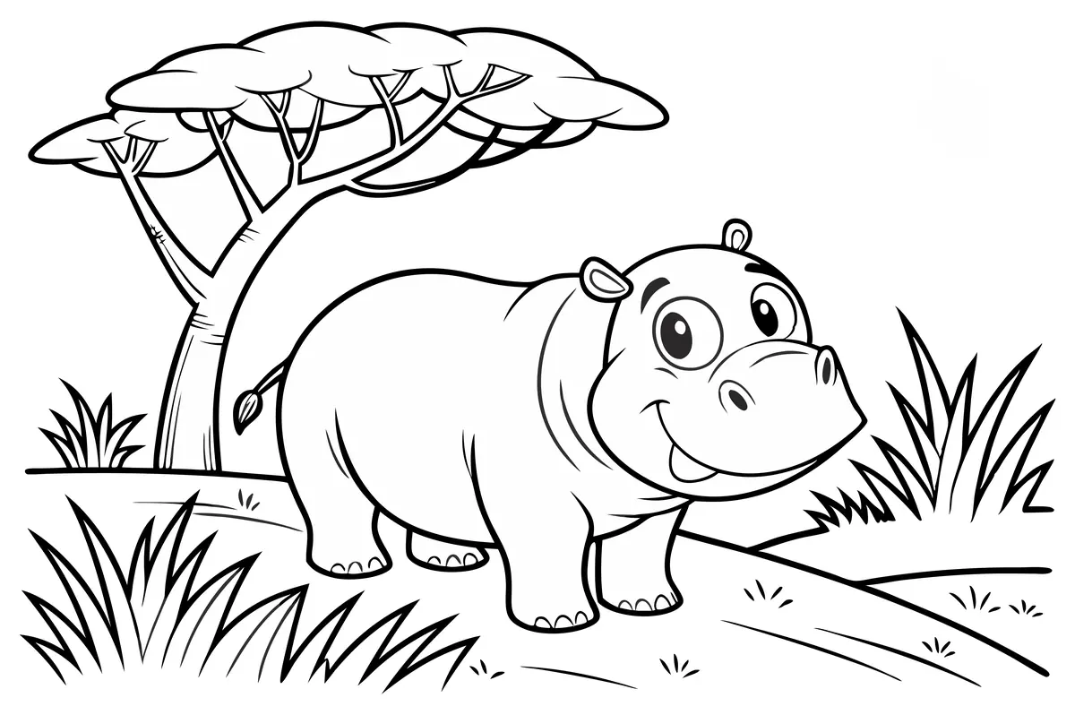 Coloriage hippopotame souriant savane acacia herbes folles a imprimer