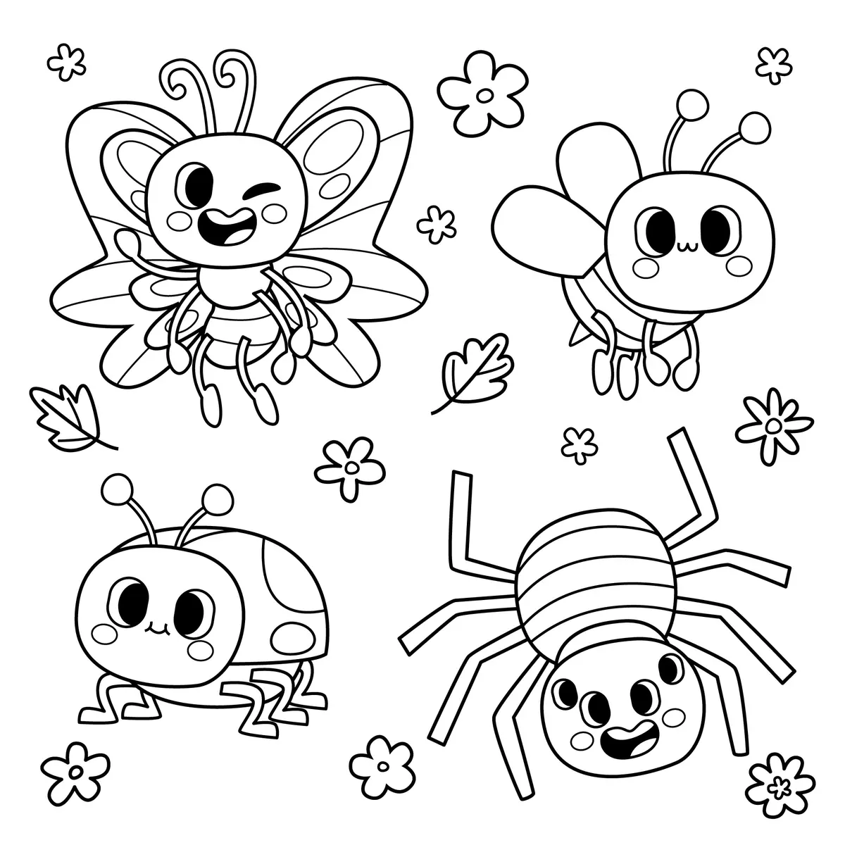 Coloriage planche insectes kawaii papillon abeille coccinelle araignee a imprimer