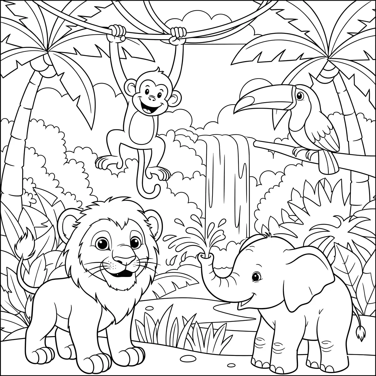 Coloriage cascade de la jungle avec lion, singe, toucan et éléphant à imprimer