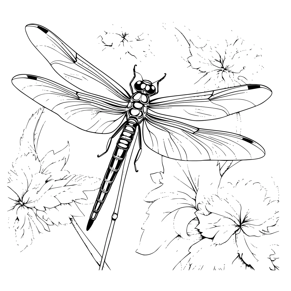 Coloriage libellule posee parmi des feuilles et des fleurs a imprimer