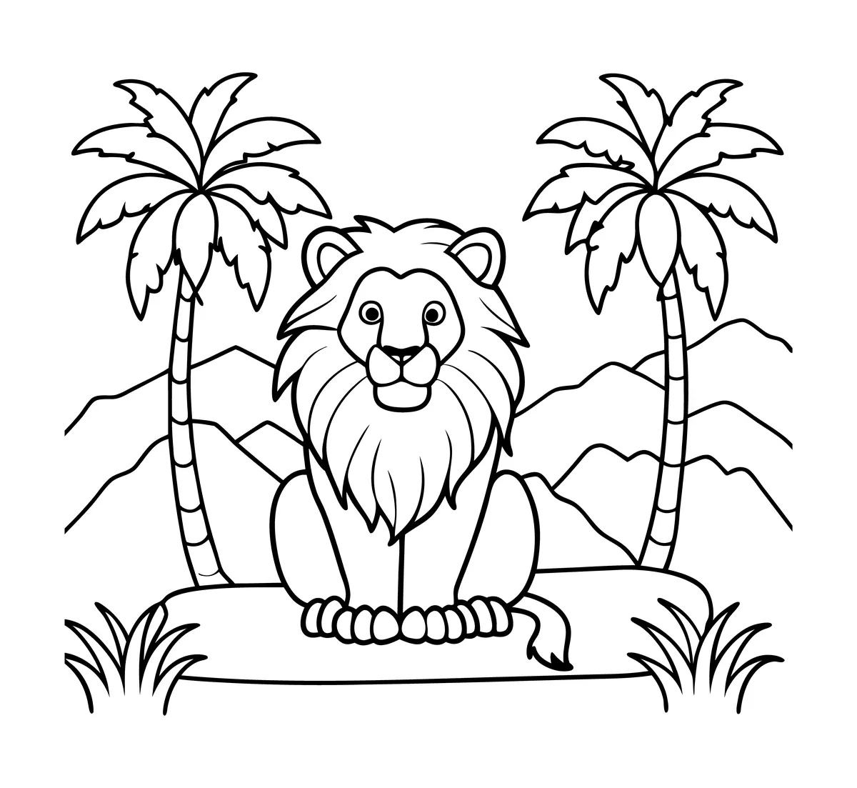 Coloriage grand lion assis entre les palmiers et les montagnes à imprimer