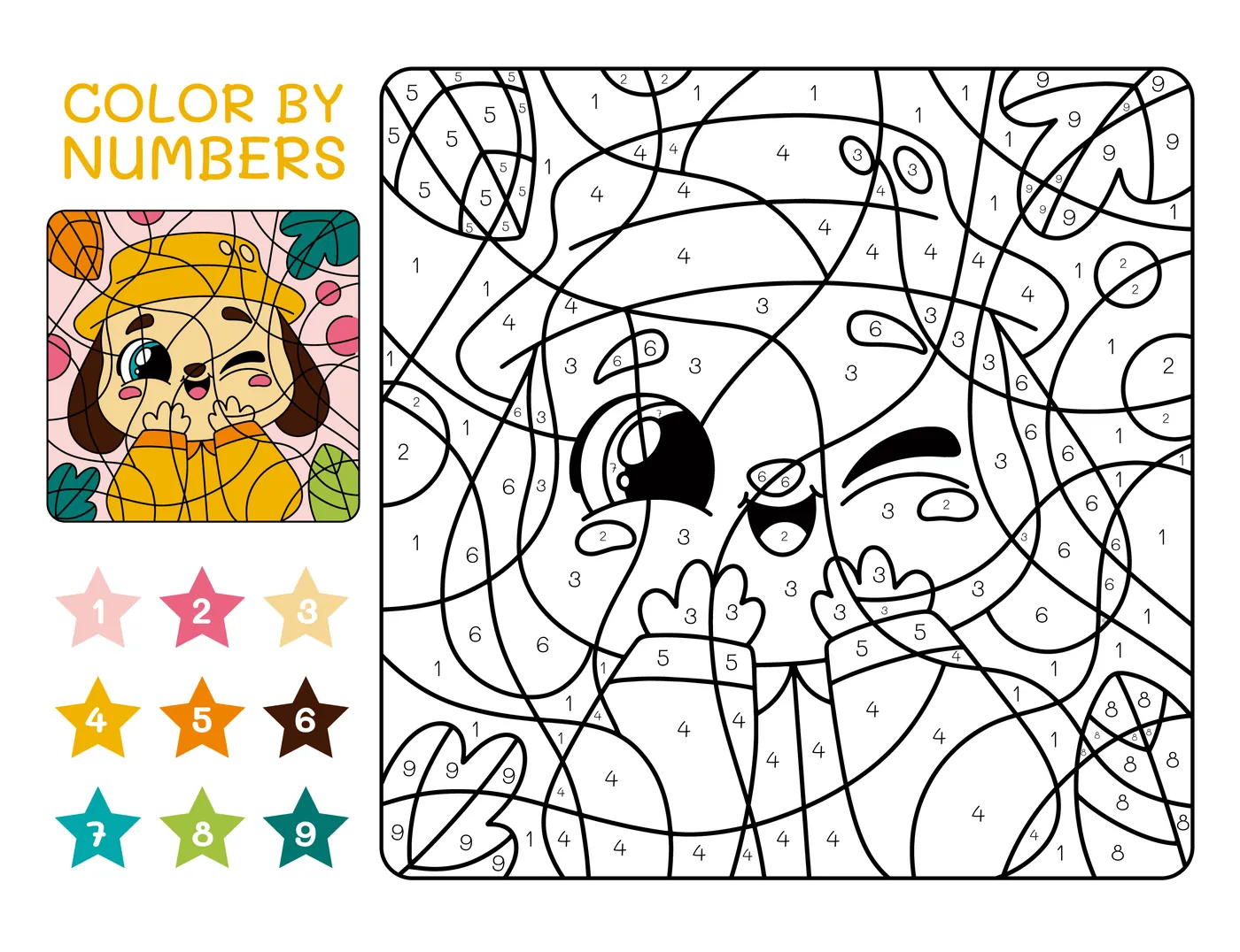 Coloriage magique chien en tenue d automne avec legende couleurs a imprimer