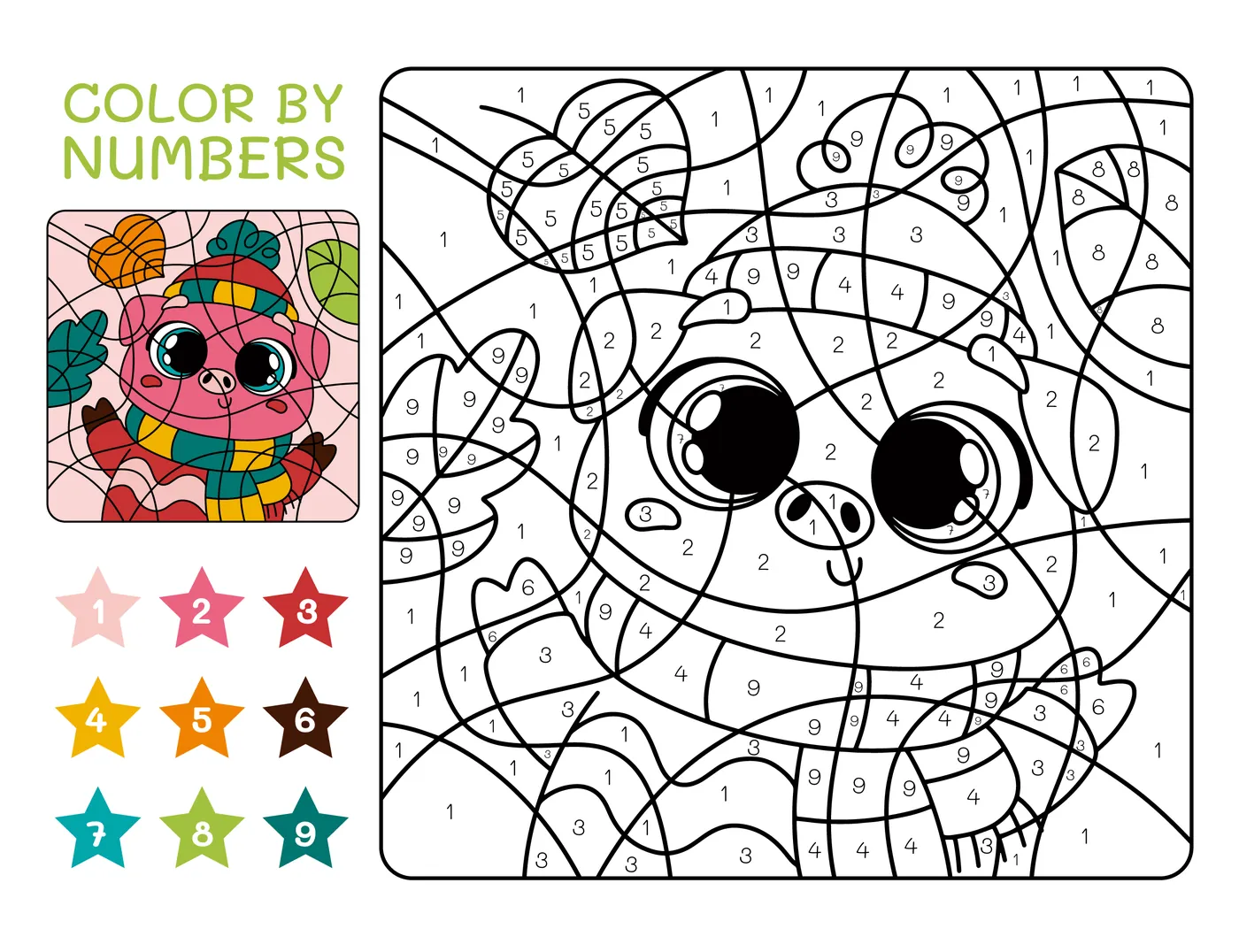 Coloriage magique cochon avec feuilles automne et legende couleurs a imprimer