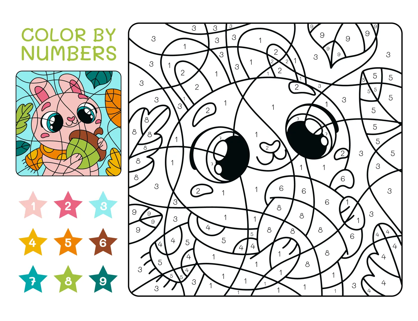 Coloriage magique ecureuil avec gland et legende couleurs a imprimer