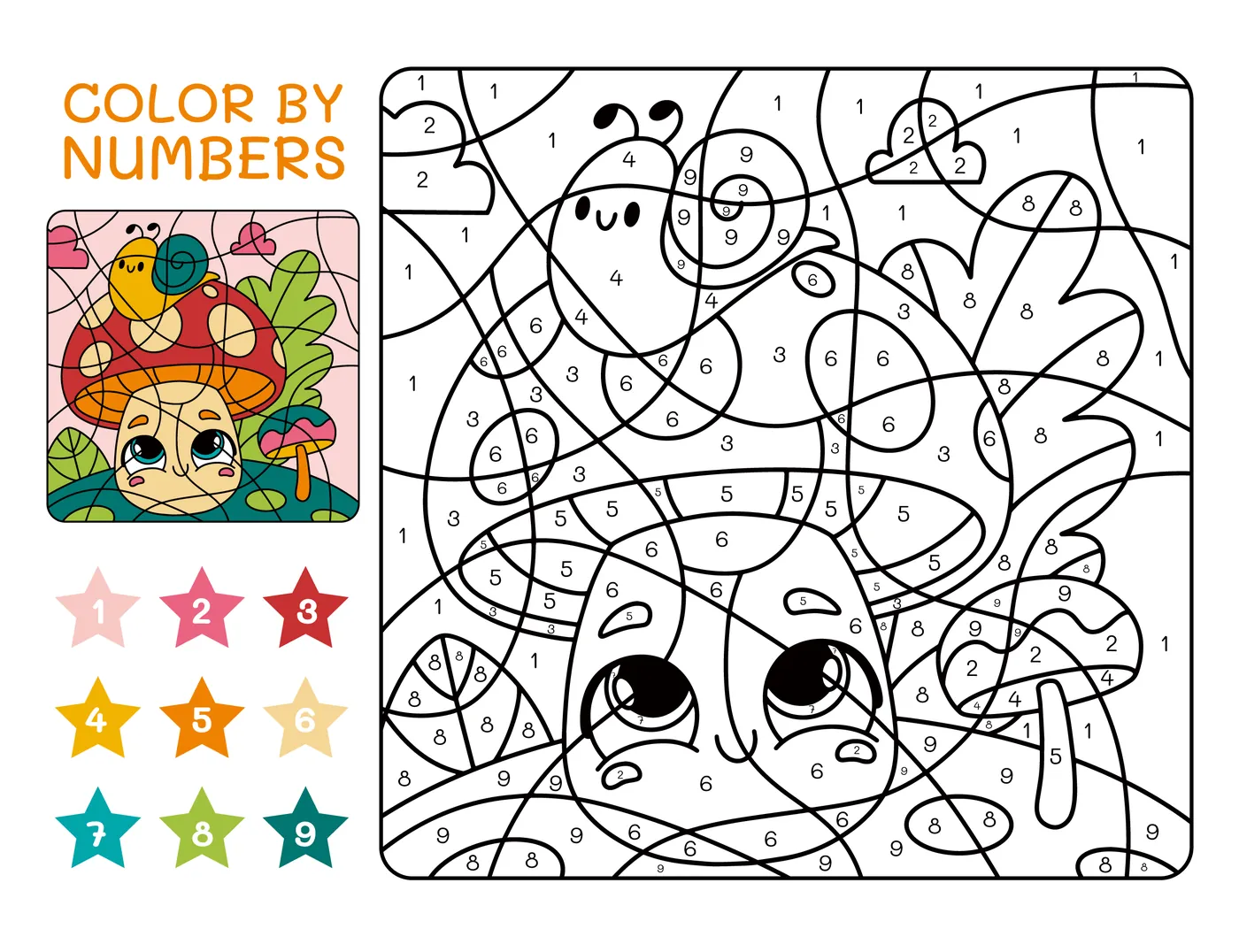 Coloriage magique escargot sur champignon avec legende couleurs a imprimer