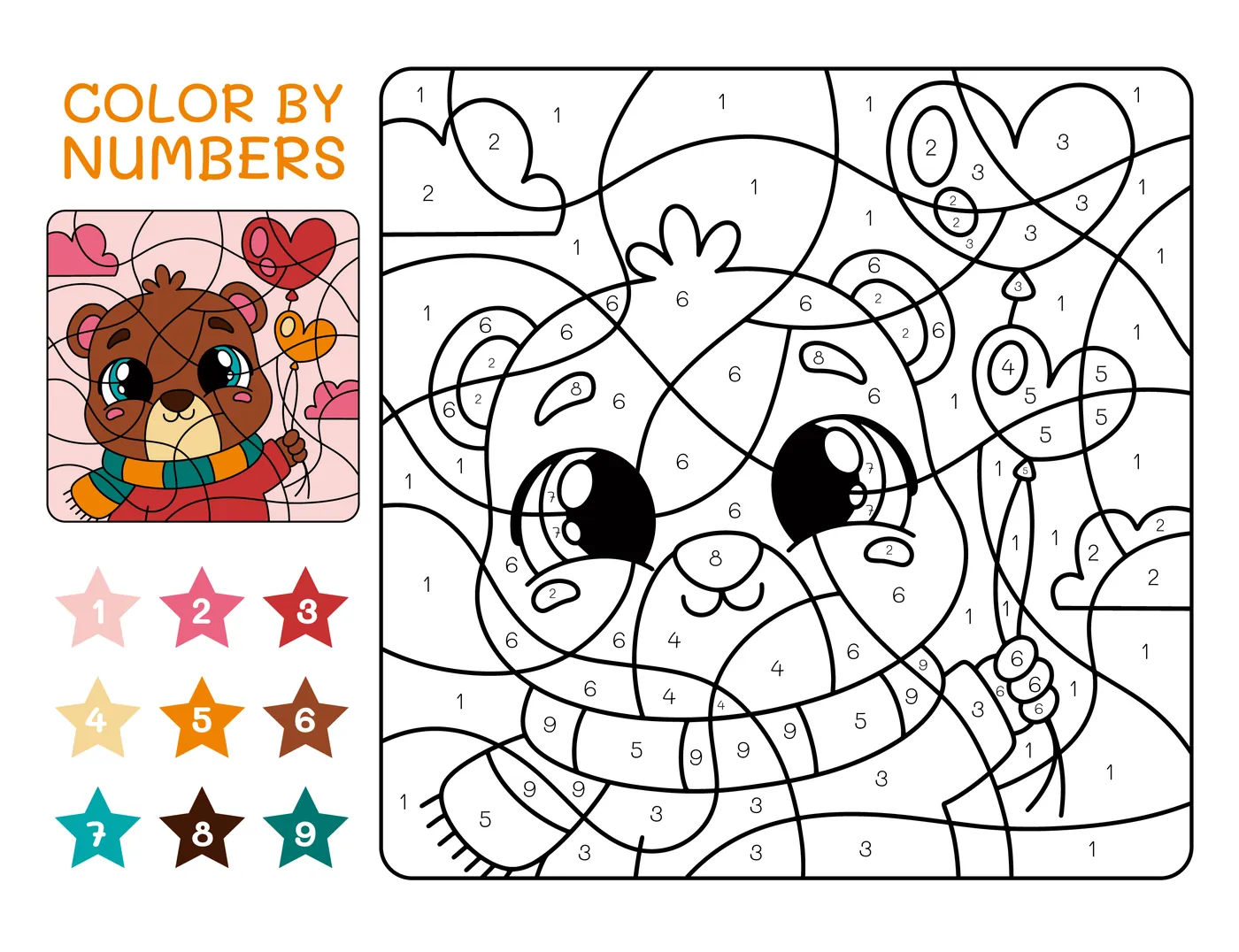 Coloriage magique ourson avec ballons coeur et legende couleurs a imprimer