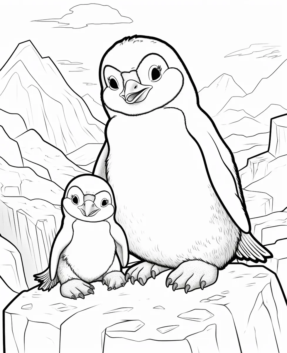 Coloriage maman manchot et son poussin sur la banquise à imprimer