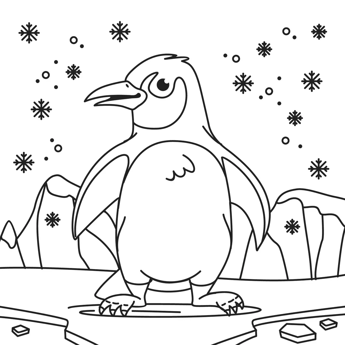 Coloriage manchot sous les flocons de neige à imprimer