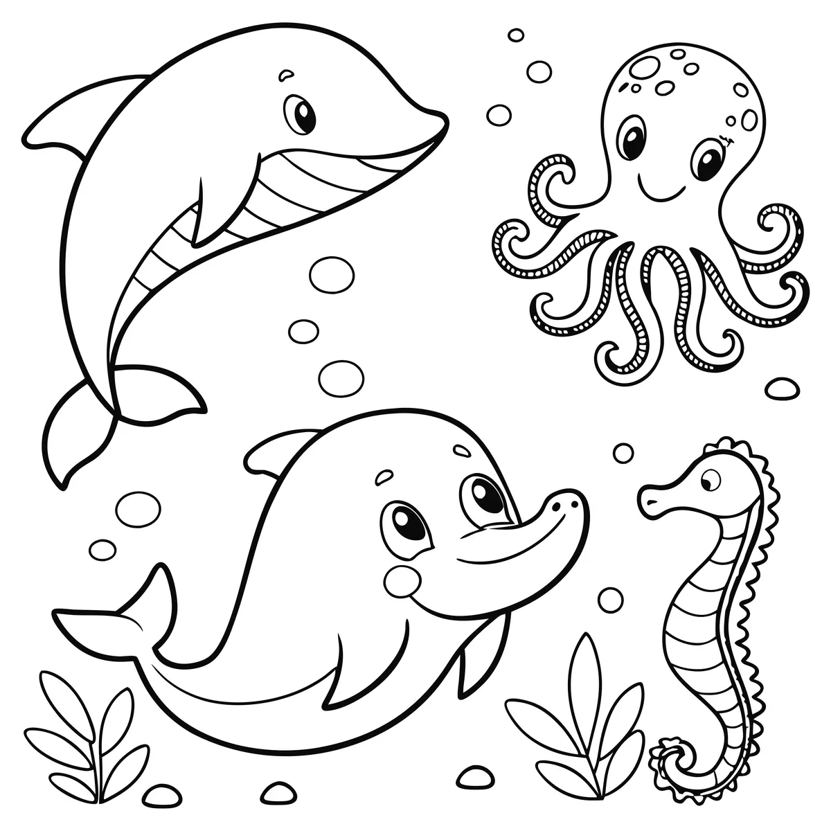 Coloriage deux dauphins pieuvre hippocampe sous-marin à imprimer