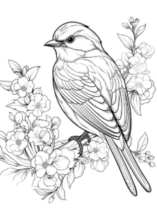 Coloriage passereau réaliste sur branche fleurie à imprimer