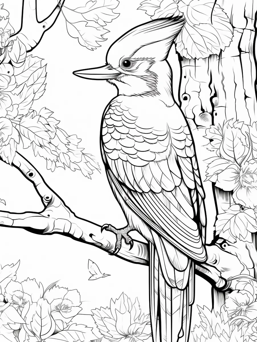 Coloriage pic-vert avec petite huppe sur tronc d'arbre à imprimer