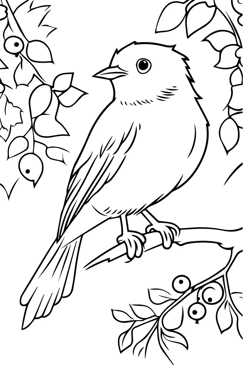 Coloriage rouge-gorge sur branche entouré de petites baies à imprimer