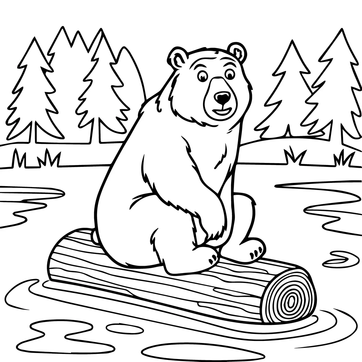 Coloriage ours assis sur un rondin au bord du lac à imprimer