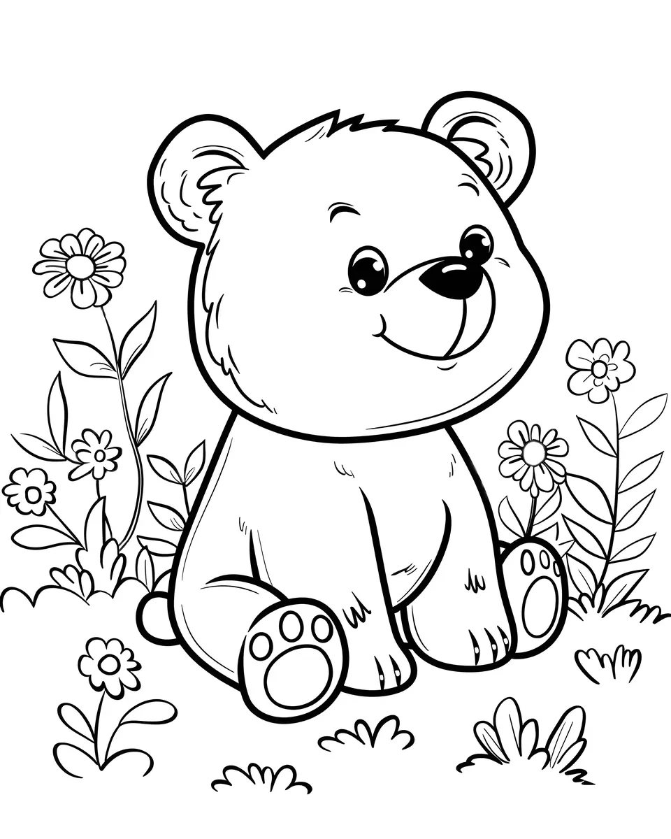 Coloriage ourson kawaii assis dans les fleurs marguerites a imprimer