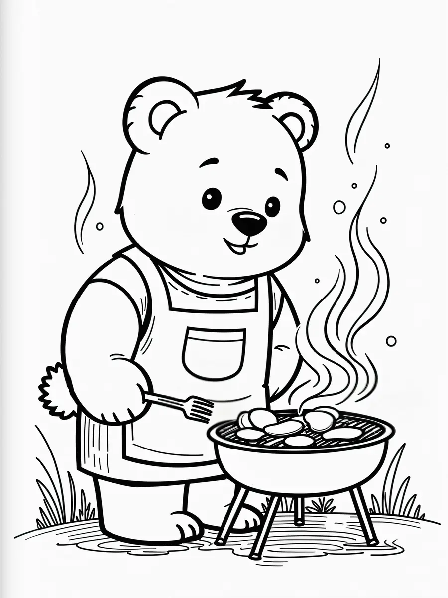 Coloriage ourson cuisinier au barbecue kawaii à imprimer
