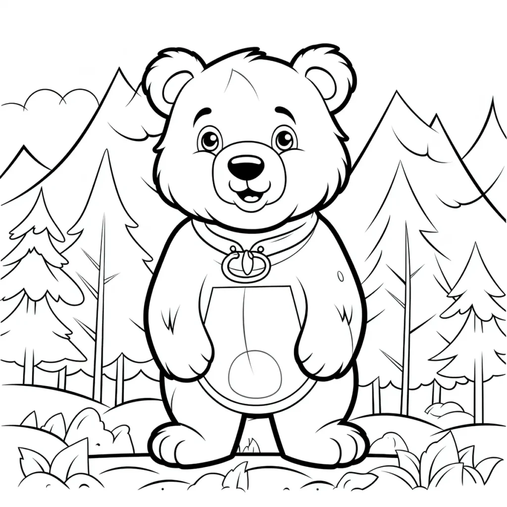 Coloriage ourson cartoon avec foulard devant montagnes et sapins a imprimer