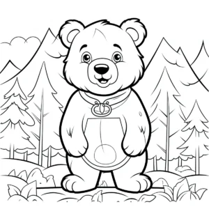 Coloriage ourson cartoon avec foulard devant montagnes et sapins a imprimer
