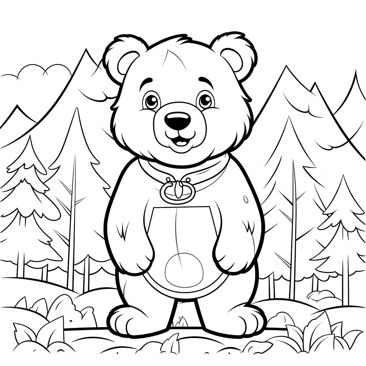 Coloriage ourson cartoon avec foulard devant montagnes et sapins a imprimer