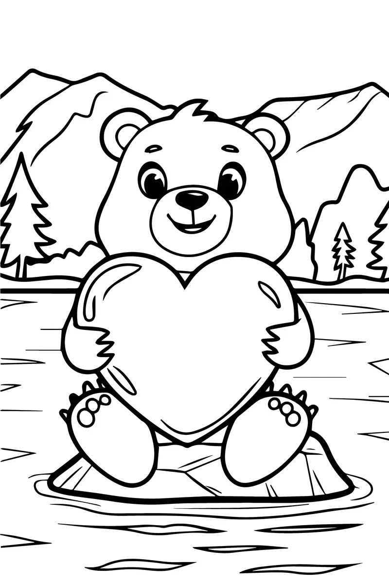 Coloriage ourson tient un grand coeur lac et montagnes a imprimer
