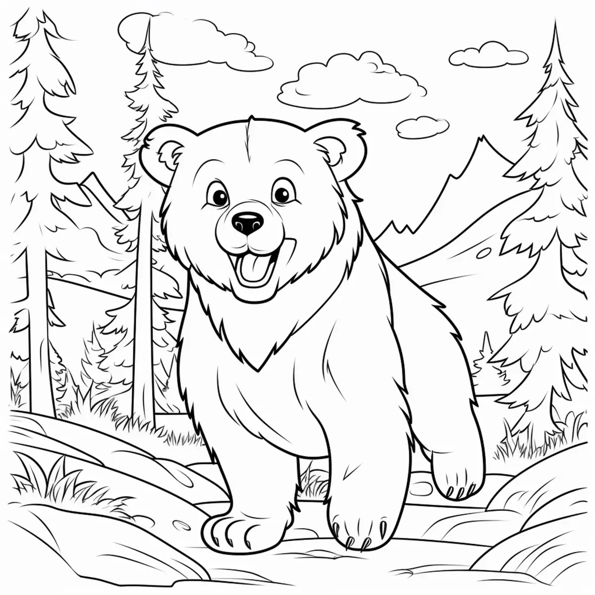 Coloriage ourson souriant dans la forêt avec montagnes à imprimer