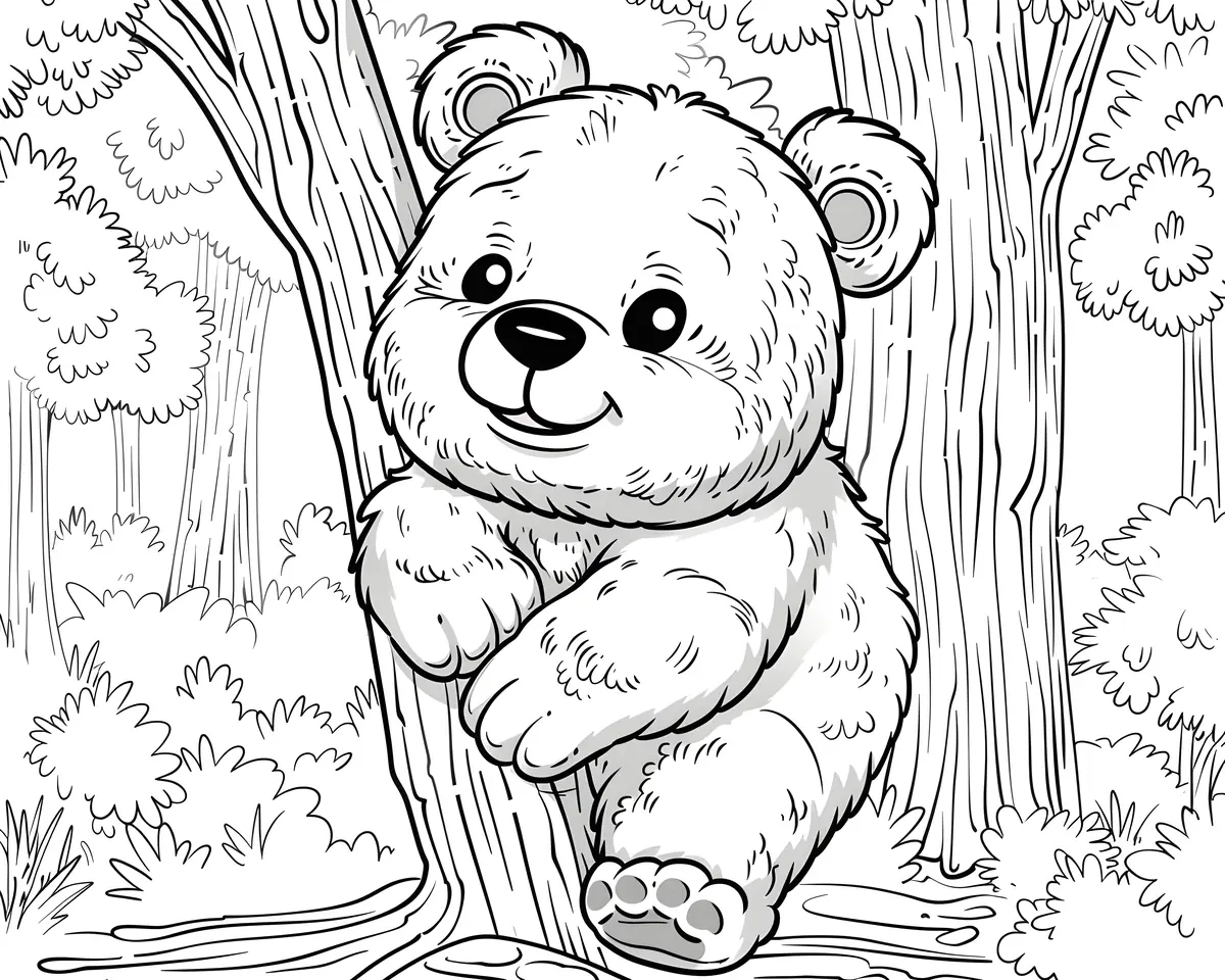 Coloriage ourson kawaii grimpe a un arbre dans la foret a imprimer
