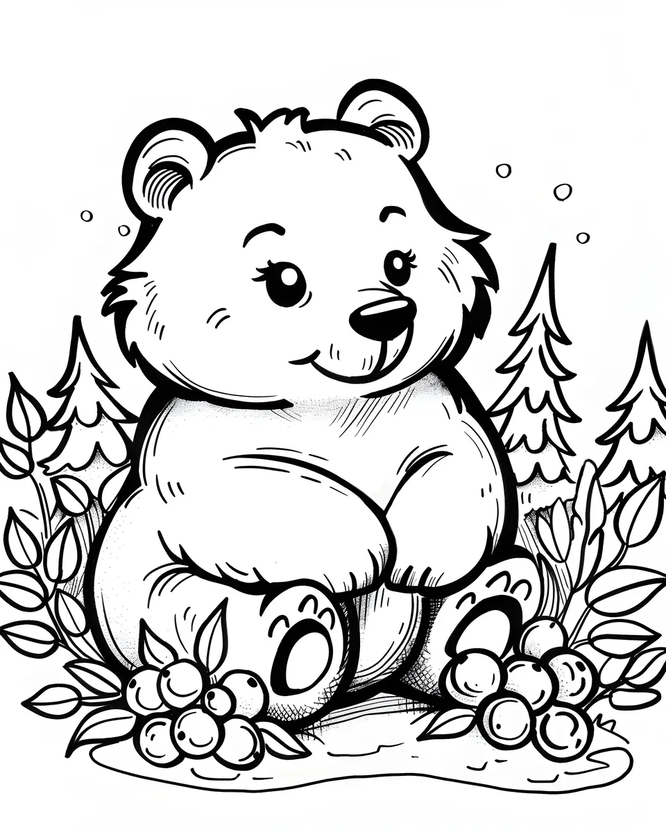 Coloriage ourson kawaii assis avec myrtilles dans la foret a imprimer