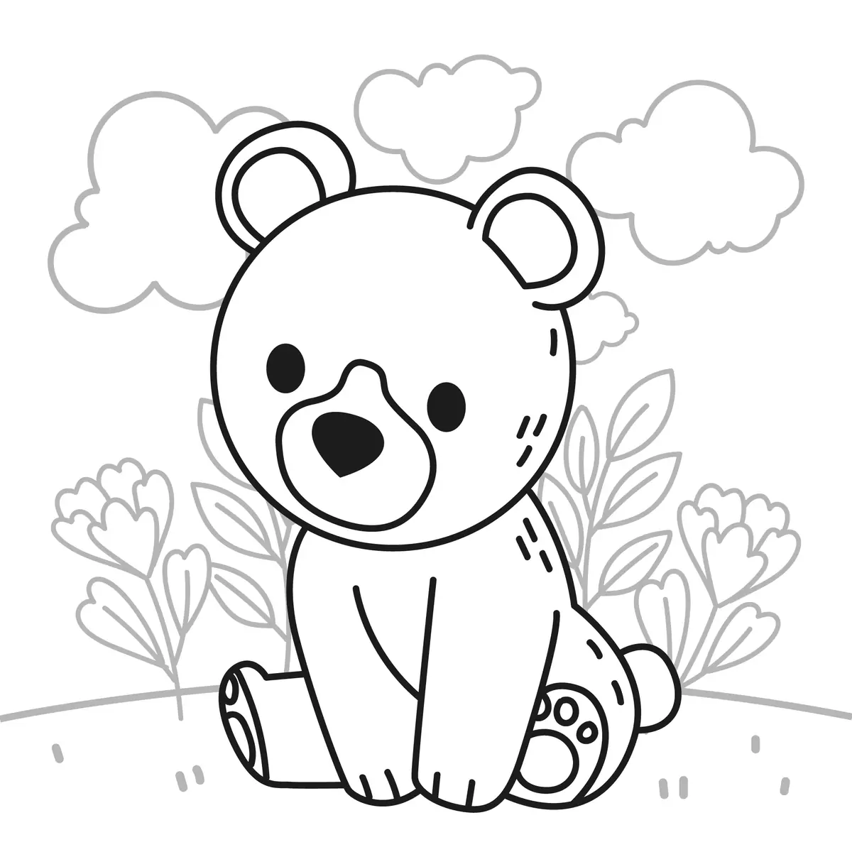 Coloriage ourson kawaii assis avec nuages et fleurs a imprimer