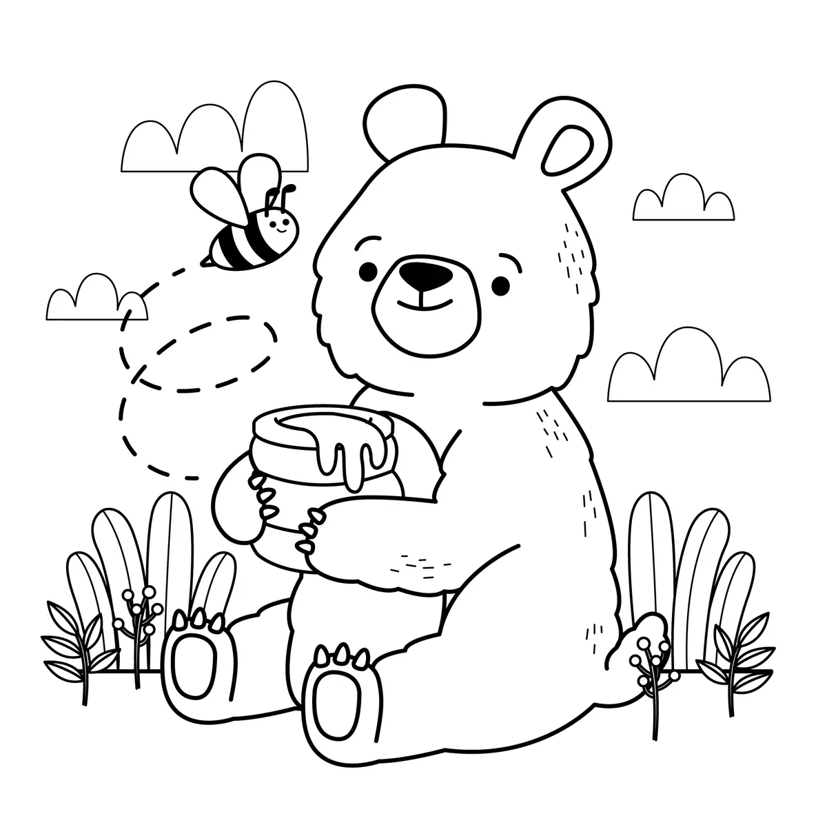 Coloriage ourson tient pot de miel avec abeille qui vole a imprimer