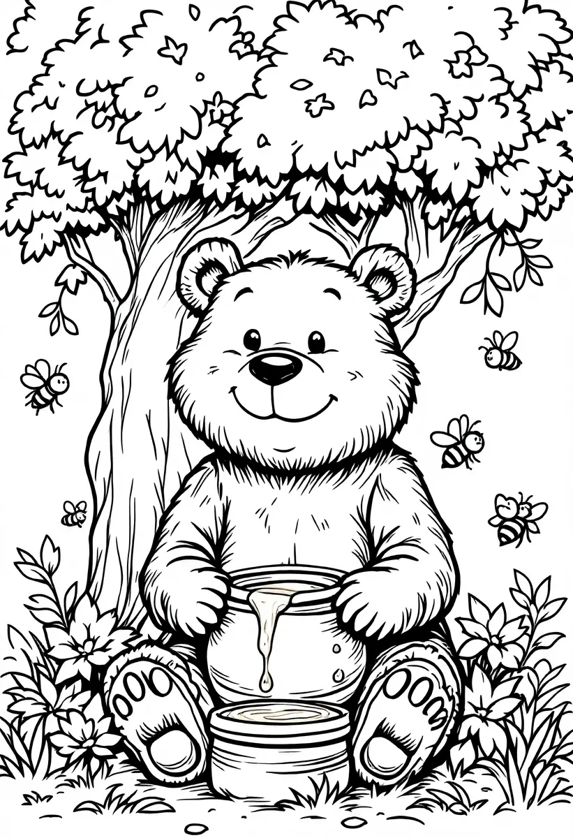 Coloriage ourson avec pot de miel et abeilles à imprimer