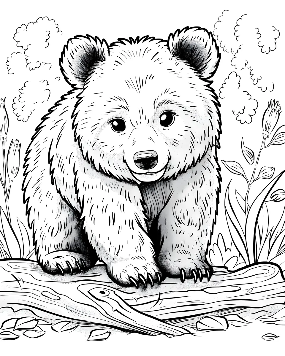 Coloriage ourson realiste assis sur un tronc d'arbre dans la nature a imprimer