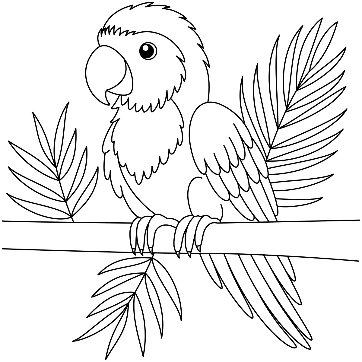 Coloriage perroquet kawaii sur branche de palmier à imprimer
