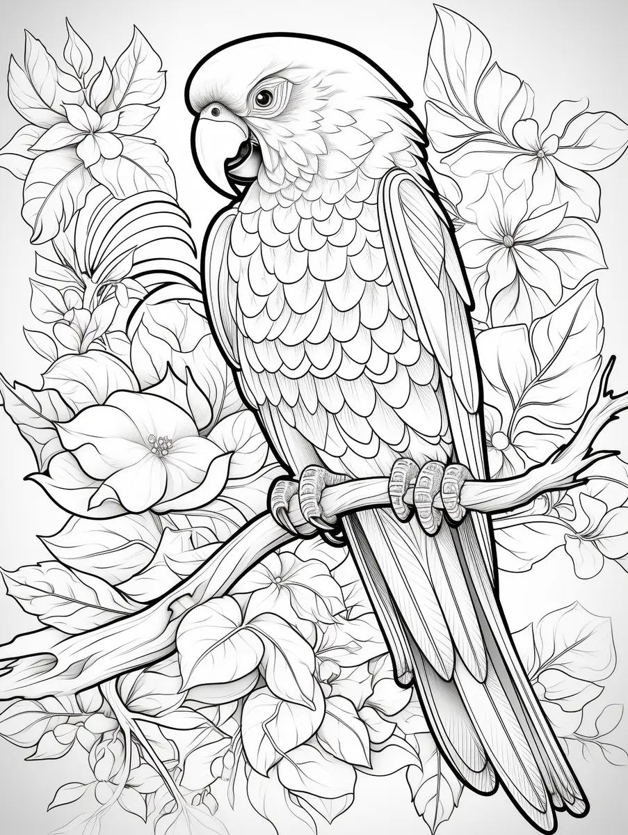 Coloriage perroquet mandala avec feuillage et fleurs à imprimer