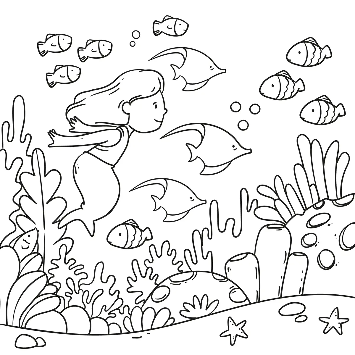 Coloriage petite sirène avec poissons et coraux à imprimer