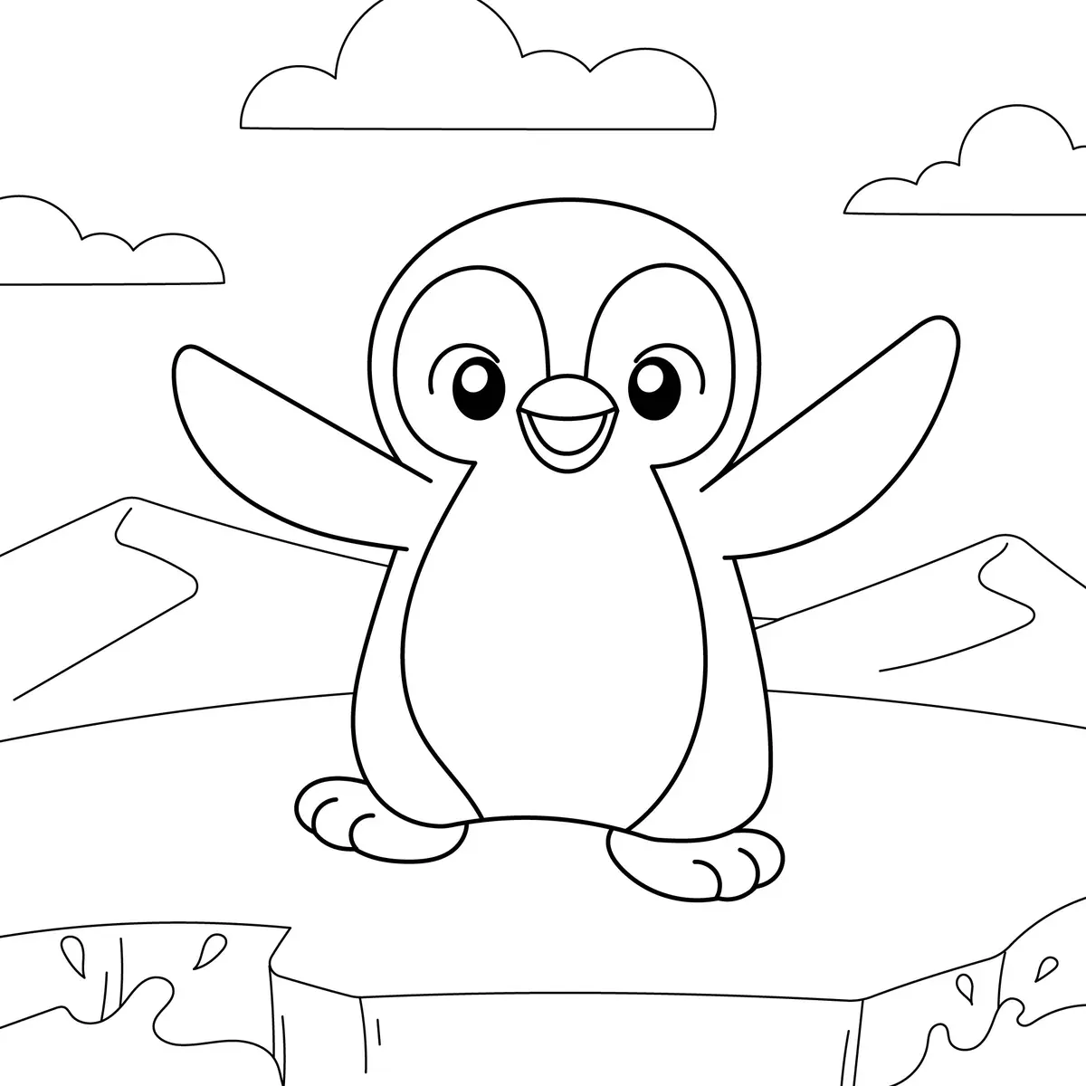 Coloriage pingouin joyeux bras écartés sur la banquise à imprimer