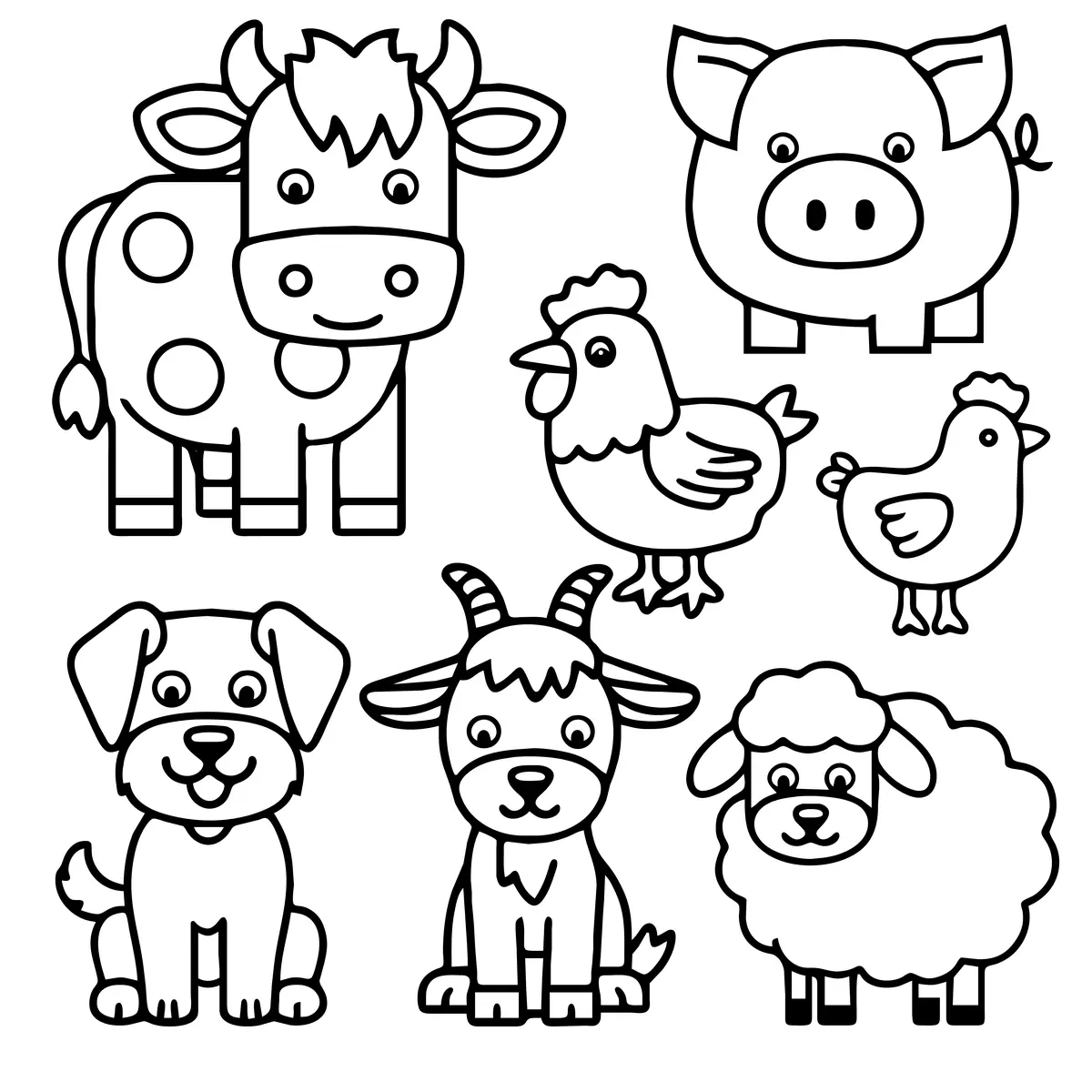 Coloriage planche identification animaux de la ferme vache cochon coq chien chèvre mouton à imprimer