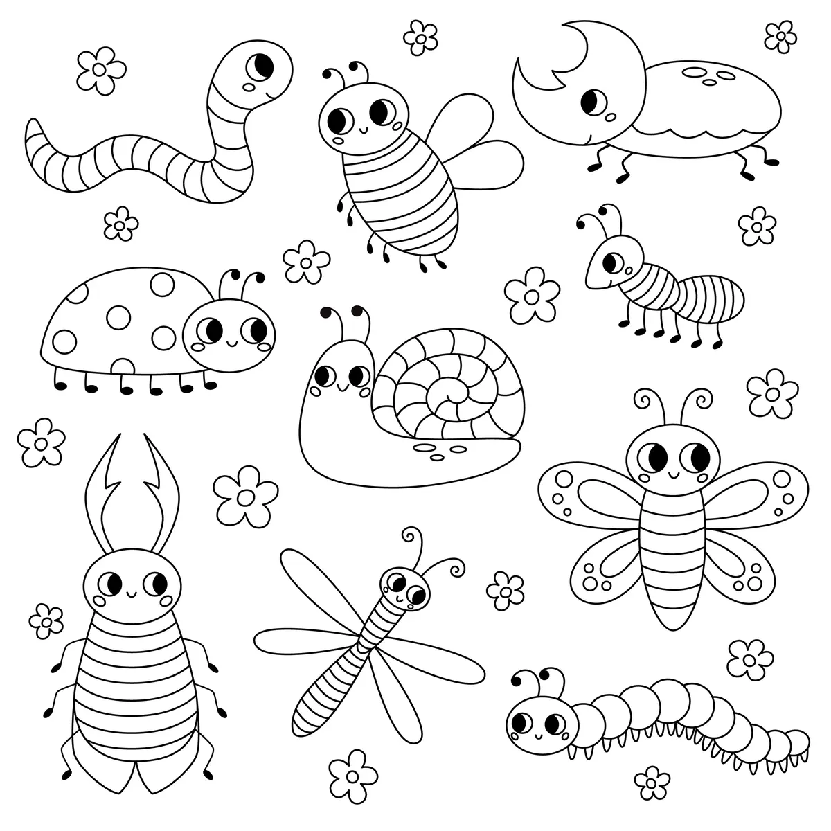 Coloriage planche insectes du jardin ver escargot libellule chenille coccinelle a imprimer