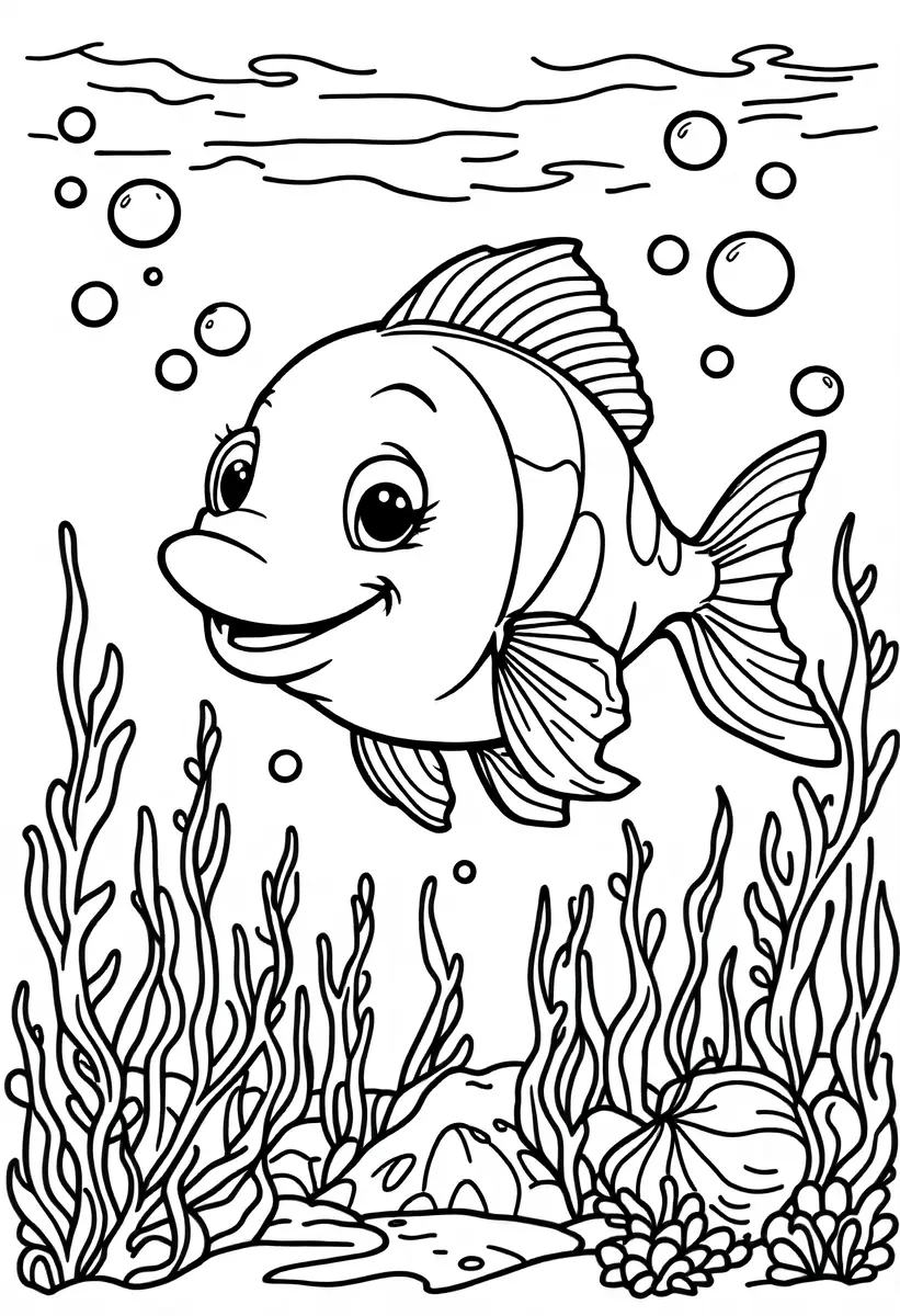 Coloriage poisson tropical au fond marin avec algues à imprimer