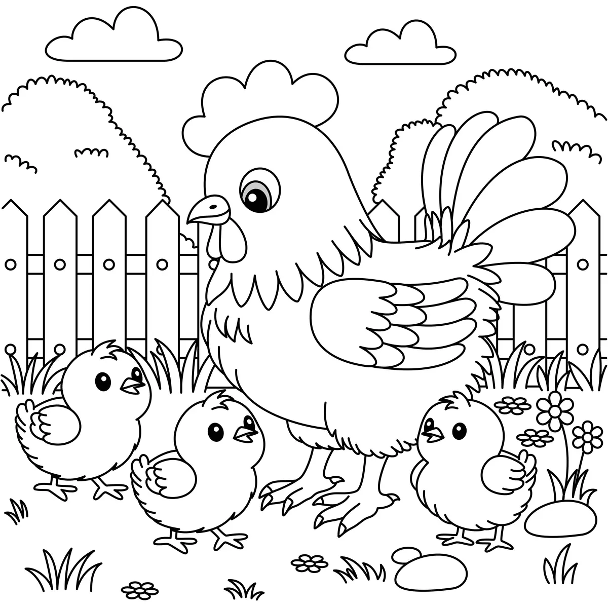 Coloriage maman poule avec trois poussins dans la ferme à imprimer