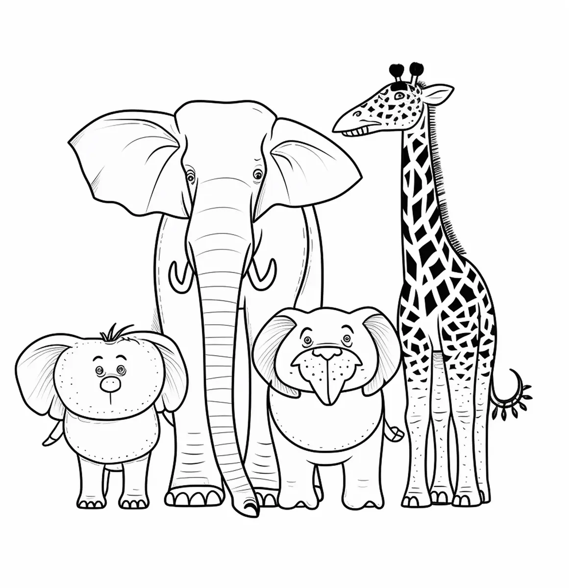 Coloriage famille éléphants avec grande girafe savane à imprimer
