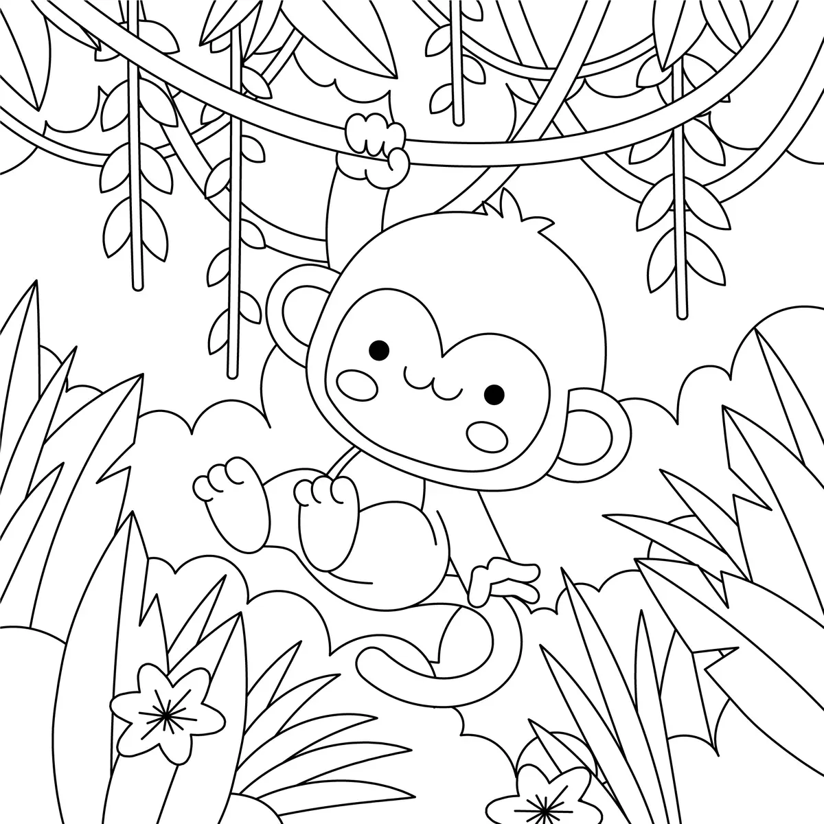 Coloriage singe mignon suspendu aux lianes de la jungle à imprimer