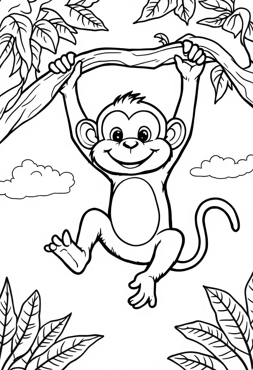 Coloriage singe acrobate suspendu à une branche dans la jungle à imprimer