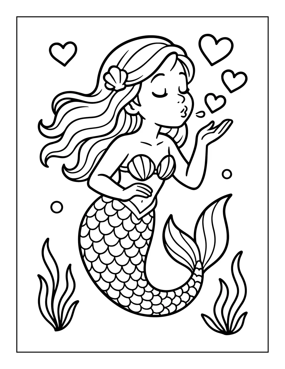 Coloriage sirene cheveux longs souffle bisous coeurs algues a imprimer