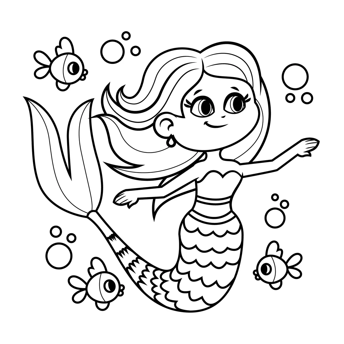 Coloriage sirene cartoon souriante avec poissons et bulles a imprimer
