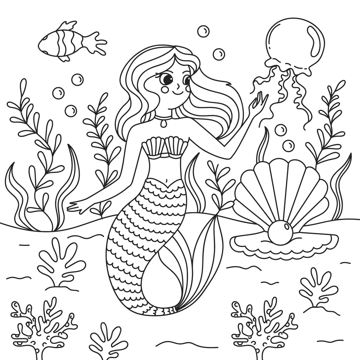 Coloriage sirene coquillage ouvert perle meduse algues a imprimer