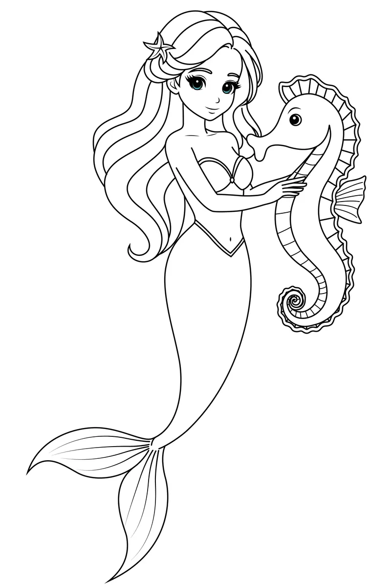 Coloriage sirene cheveux longs hippocampe ami queue elegante a imprimer